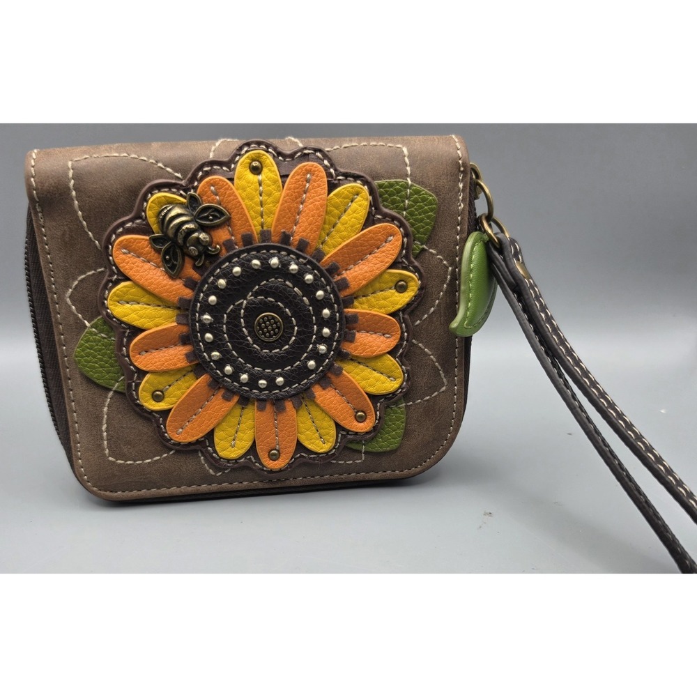 CHALA Sunflower Bee Zip Around Wristlet Wallet Brown Orange Yellow Floral